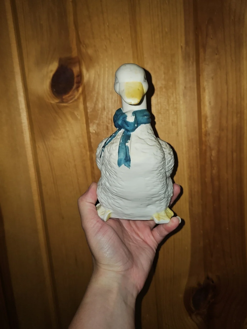 Vintage White Ceramic Duck Figurine with Blue Bow - Decorative Bird